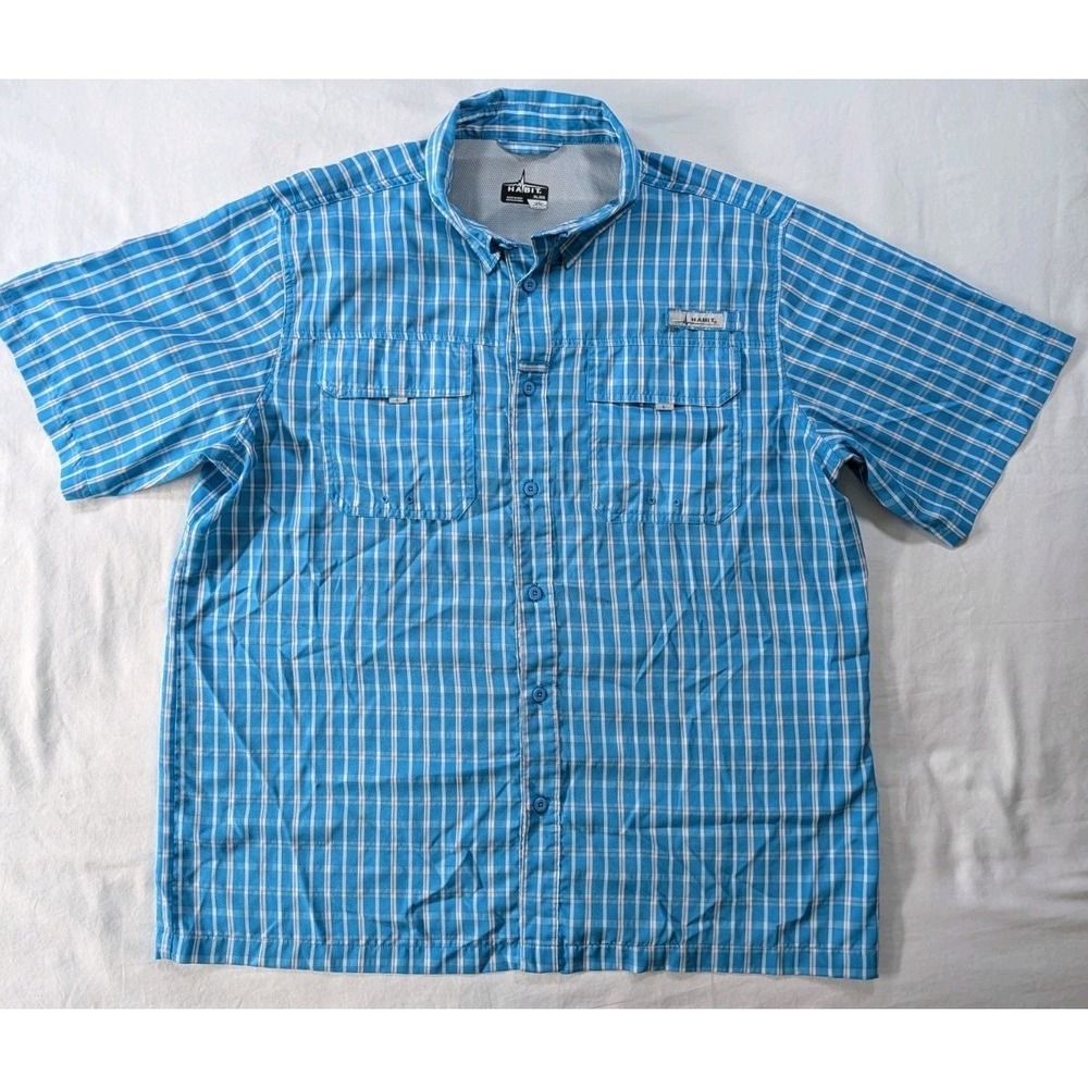 HABIT Fishing Shirt Mens XL Blue Plaid Short Sleeve Button DownSF 40+